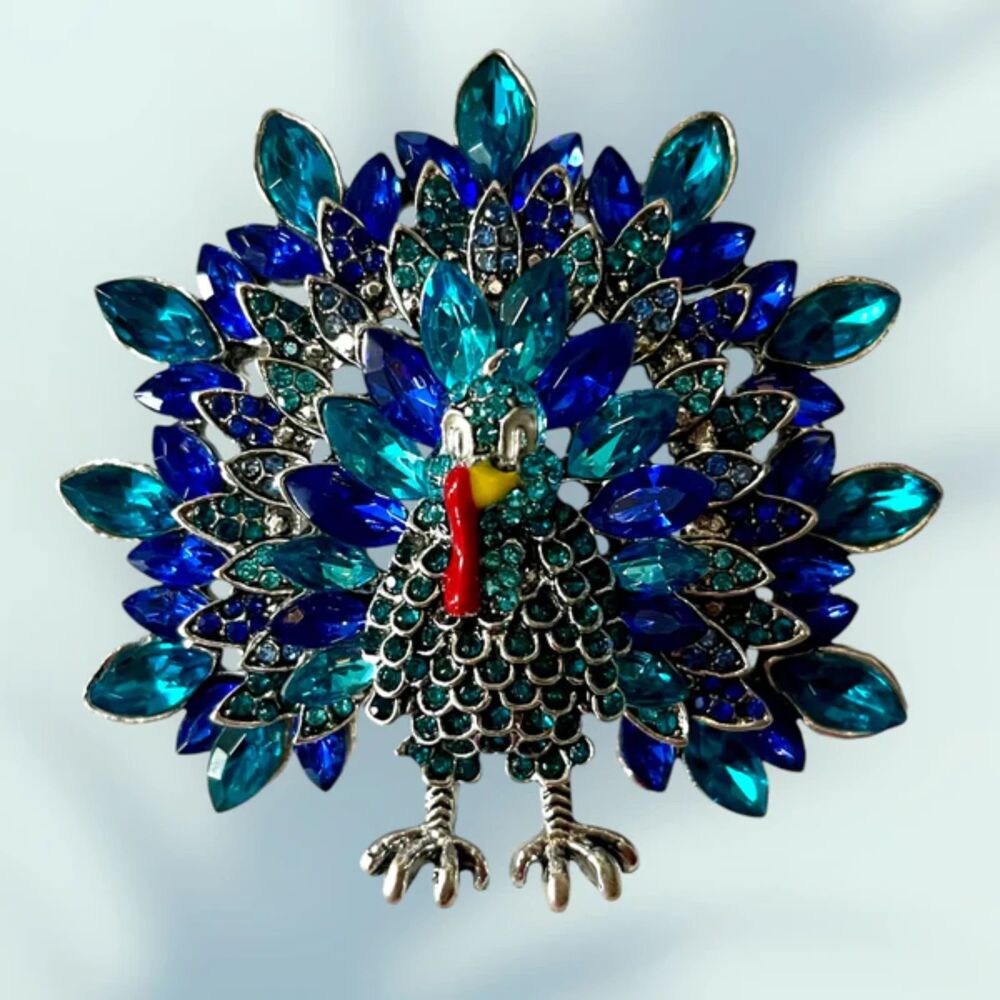 Turkey Brooch Pin in Blue - Elegant Rhinestone